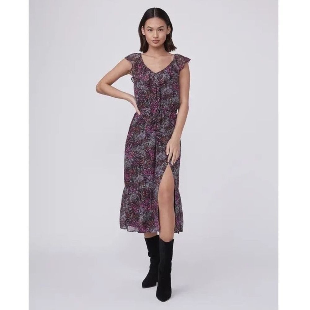 PAIGE Beverly Dress Ruffle Strap Floral Maxi Dress Purple Black Abstract Print S